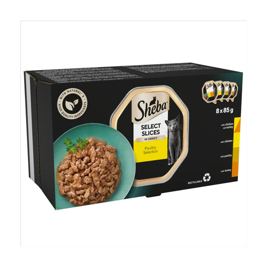 Sheba Slices Adult Cat Food Tray Poultry Selection in Gravy 8 x 85g (Pack of 4)