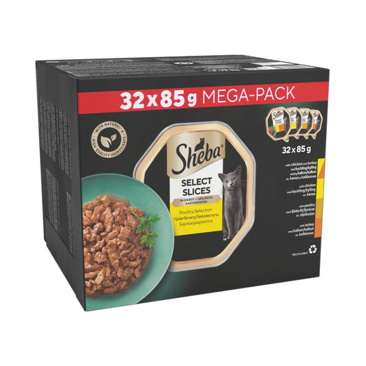 Sheba Slices Adult Cat Food Tray Poultry Selection in Gravy 32 x 85g (Pack of 1)