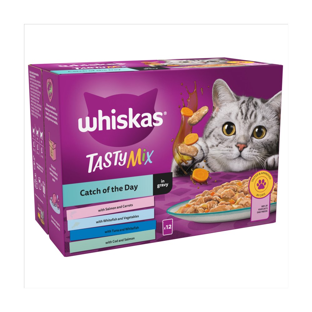 Whiskas 1+ Catch of the Day Mix Adult Cat Food Pouches in Gravy 12 x 85g (Pack of 4) - Hungry Tails