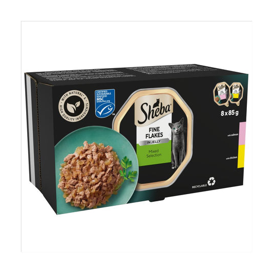 Sheba Fine Flakes Adult Wet Cat Food Tray Mixed Selection in Jelly 8 x 85g(Pack of 4)