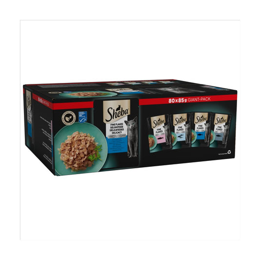 Sheba Fine Flakes Adult Cat Food Pouch Fish Selection in Jelly 80 x 85g (Pack of 1)