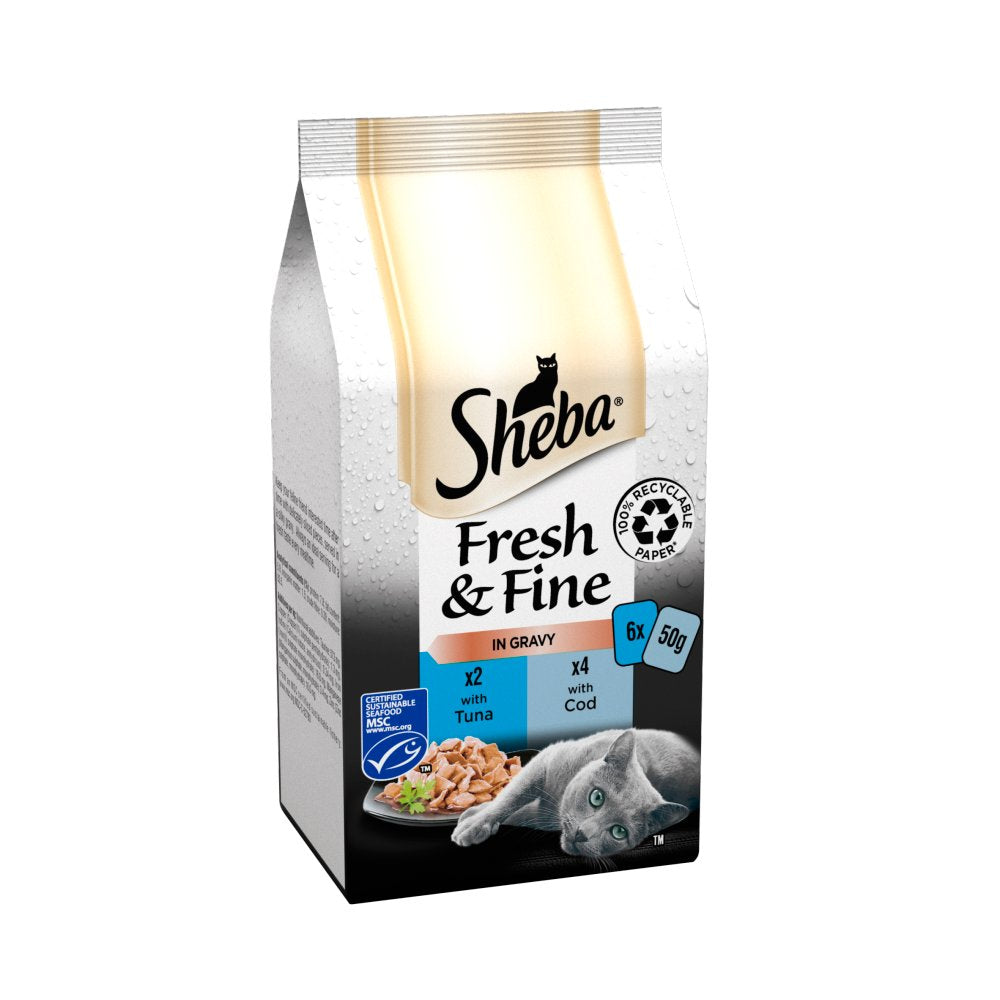 Sheba Fresh & Fine Cat Food Pouches Tuna & Cod in Gravy 6 x 50g (Pack of 1) - Hungry Tails