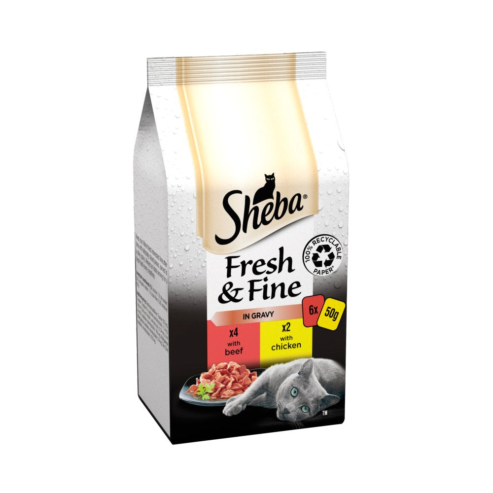 Sheba Fresh & Fine Cat Food Pouches Beef & Chicken in Gravy 6 x 50g (Pack of 1) - Hungry Tails