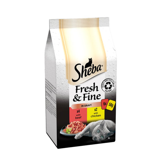 Sheba Fresh & Fine Cat Food Pouches Beef & Chicken in Gravy 6 x 50g (Pack of 8)