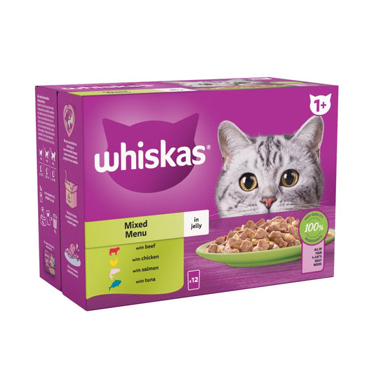 Whiskas 1+ Mixed Menu Adult Cat Food Pouches in Jelly 12 x 85g (Pack of 1) - Hungry Tails