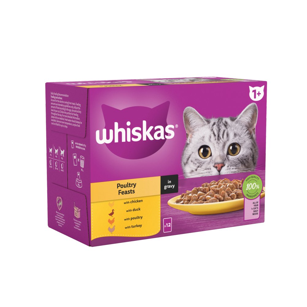 Whiskas 1+ Poultry Feasts, Adult Cat Food Pouches in Gravy 12 x 85g (Pack of 1) - Hungry Tails