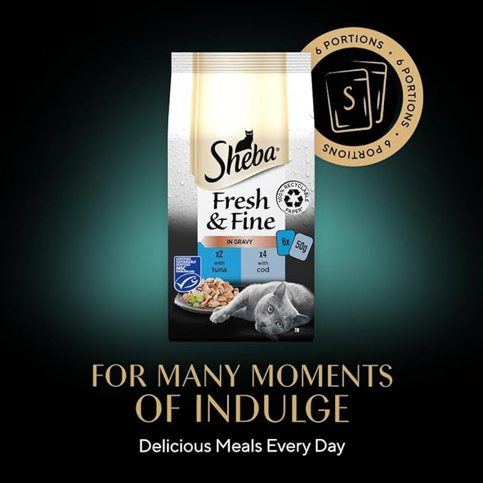 Sheba Fresh & Fine Wet Cat Food Pouches Tuna & Cod in Gravy 6 x 50g (Pack of 8) - Hungry Tails