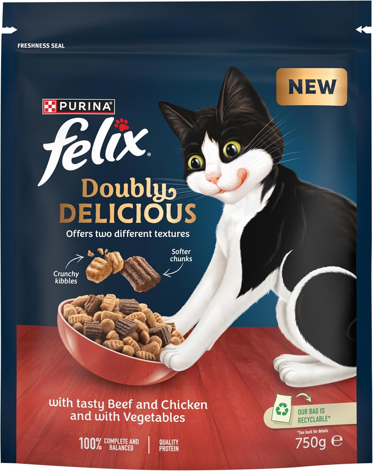 Felix Doubly Delicious Beef Chicken & Vegetables Dry Cat Food 750g (Pack of 4) - Hungry Tails