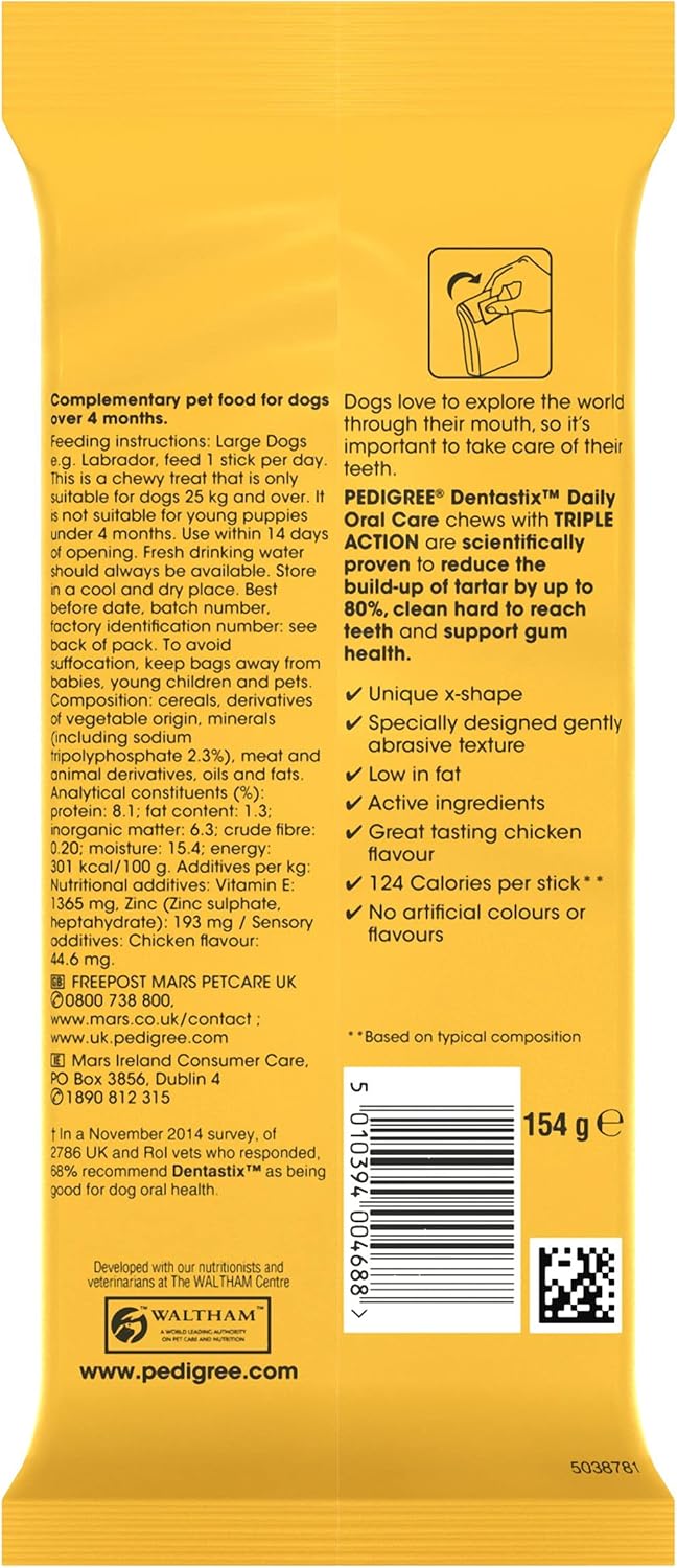 Pedigree Dentastix Daily Dental Chews Large Dog Treat 4 Sticks 154g (Pack of 14) - Hungry Tails