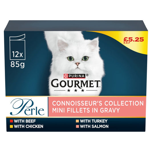 Gourmet Perle Connoisseur's Collection Mini Fillets in Gravy 12 x 85g (Pack of 1) - Hungry Tails