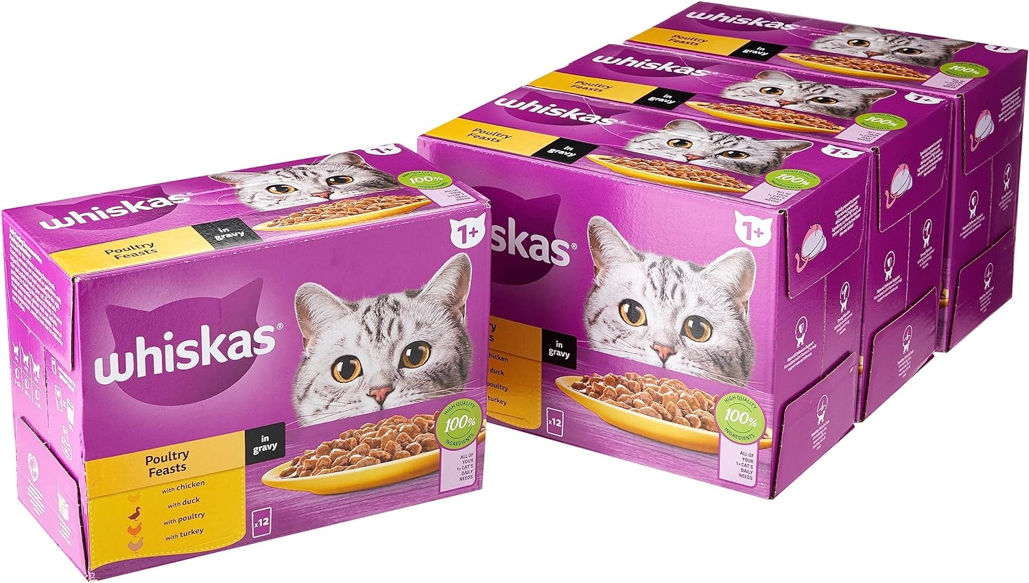 Whiskas 1+ Poultry Feasts, Adult Cat Food Pouches in Gravy 12 x 85g (Pack of 1) - Hungry Tails