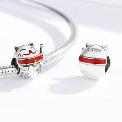 Sterling Silver 925 Maneki Neko Lucky Cat Kitten Animal Family Love Bead Charm For Bracelets