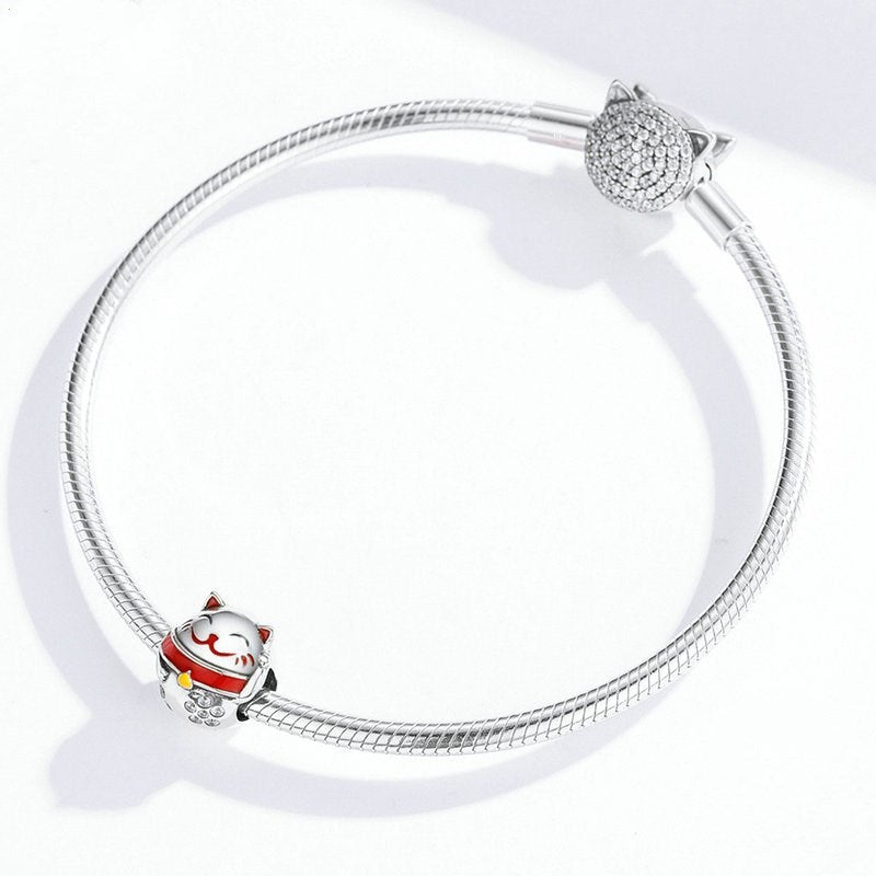 Sterling Silver Lucky Fortune Waving Chinese Maneki Neko Cat Pet Animal Paw Print Bead Charm With Cubic Zirconia Compatible With Pandora Bracelet