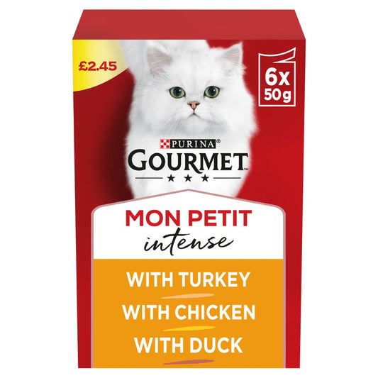 GOURMET Mon Petit Meaty Variety Duck, Chicken, Turkey Wet Cat Food 6x50g (Pack of 8) - Hungry Tails