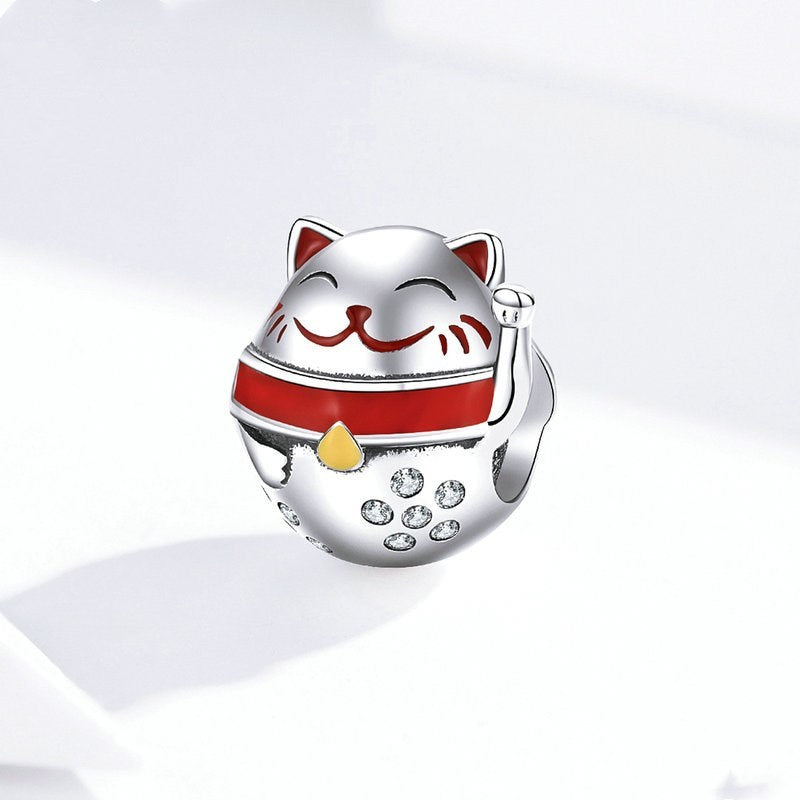 Sterling Silver 925 Maneki Neko Lucky Cat Kitten Animal Family Love Bead Charm For Bracelets