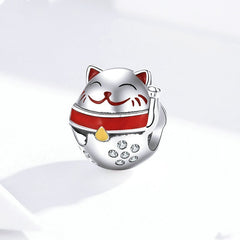 Sterling Silver 925 Maneki Neko Lucky Cat Kitten Animal Family Love Bead Charm For Bracelets