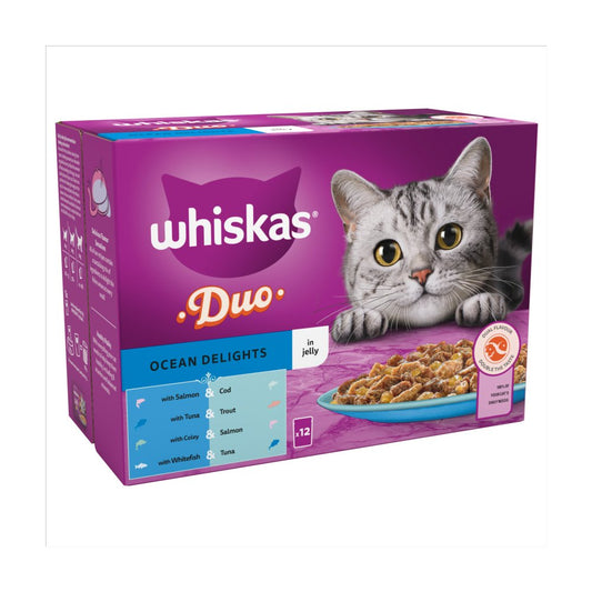 Whiskas 1+ Duo Ocean Delights, Adult Cat Food Pouches in Jelly 12 x 85g(Pack of 4) - Hungry Tails