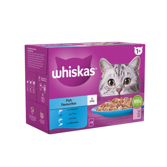 Whiskas 1+ Fish Favourites, Adult Cat Food Pouches in Jelly 12 x 85g (Pack of 4) - Hungry Tails