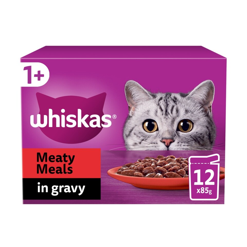 Whiskas 1+ Meaty Meals, Adult Cat Food Pouches in Gravy 12 x 85g (Pack of 4) - Hungry Tails