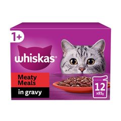 Whiskas 1+ Meaty Meals, Adult Cat Food Pouches in Gravy 12 x 85g (Pack of 4) - Hungry Tails