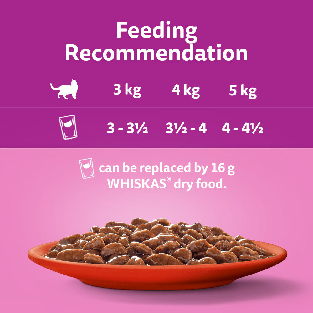 Whiskas 1+ Meaty Meals, Adult Cat Food Pouches in Gravy 12 x 85g (Pack of 4) - Hungry Tails