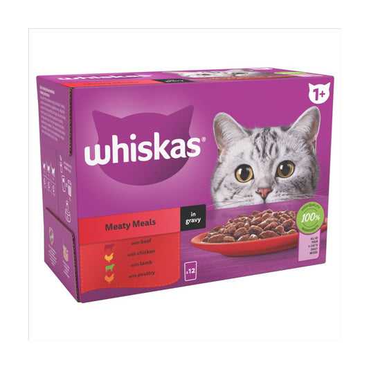 Whiskas 1+ Meaty Meals, Adult Cat Food Pouches in Gravy 12 x 85g (Pack of 4) - Hungry Tails