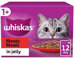 Whiskas 1+ Meaty Meals, Adult Cat Food Pouches in Jelly 12 x 85g (Pack of 4)