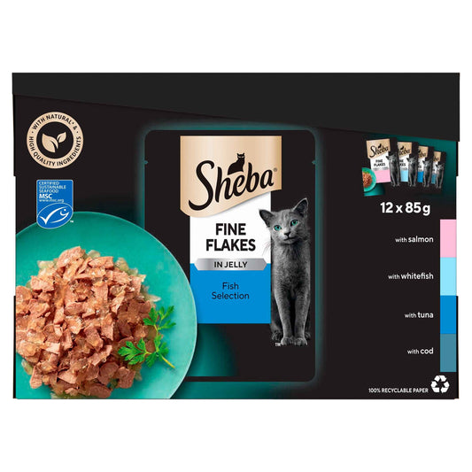 Sheba Fine Flakes Adult Cat Food Pouch Fish Selection in Jelly 80 x 85g (Pack of 1)