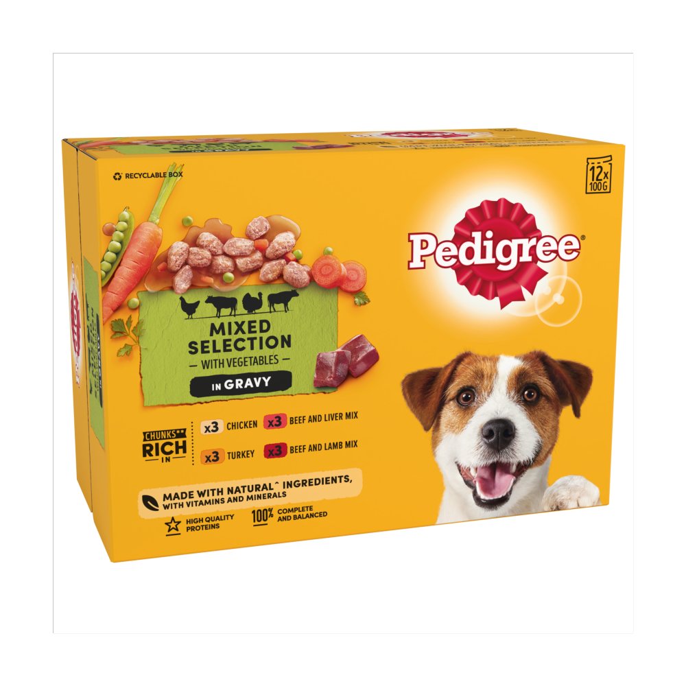 Pedigree Adult Dog Food Pouches Mixed in Gravy 12 x 100g (Pack of 4)