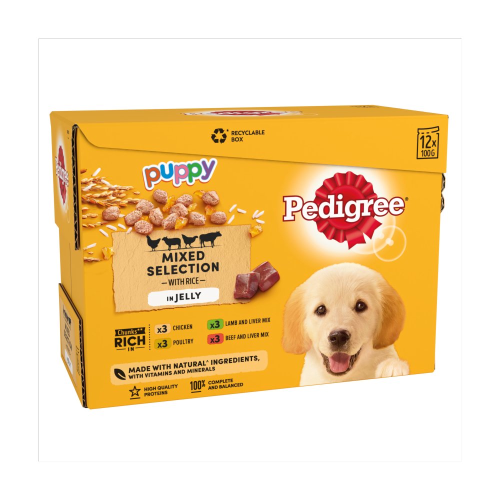 Pedigree Puppy Food Pouches Mixed Selection with Rice in Jelly 12 x 100g (Pack of 1) - Hungry Tails