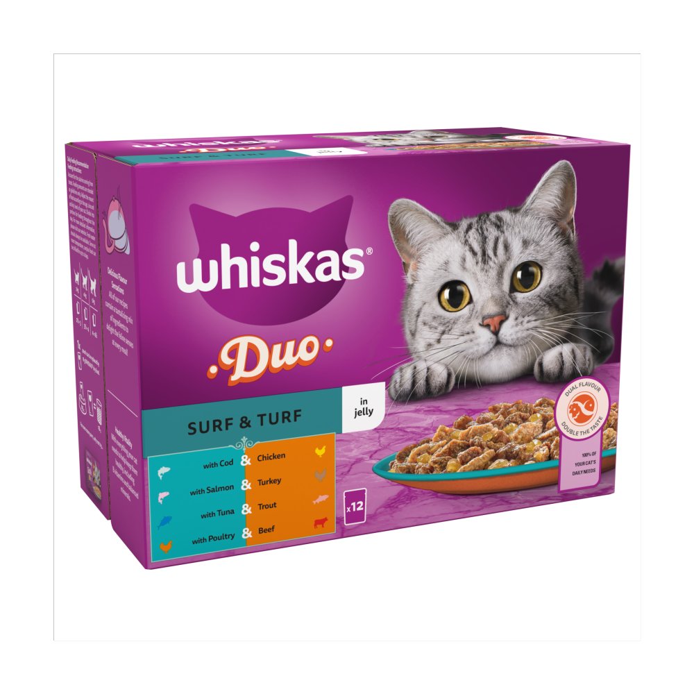 Whiskas 1+ Duo Surf and Turf, Adult Cat Food Pouches in Jelly 12 x 85g (Pack of 4)