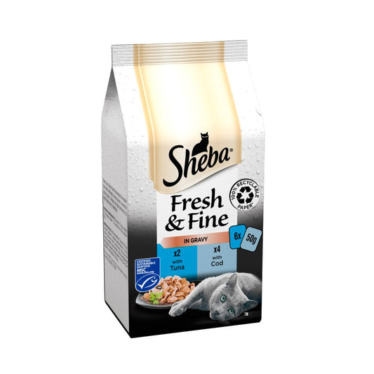 Sheba Fresh & Fine Wet Cat Food Pouches Tuna & Cod in Gravy 6 x 50g (Pack of 8) - Hungry Tails