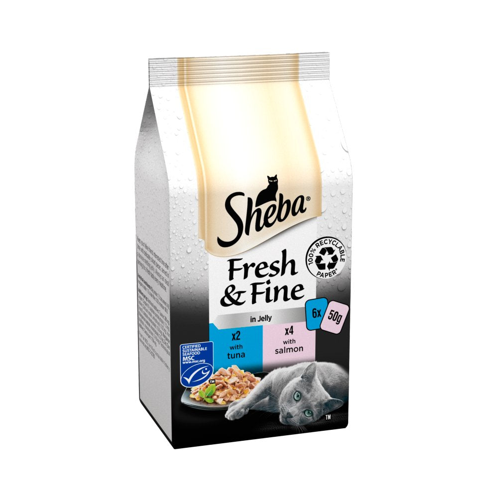 Sheba Fresh & Fine Cat Food Pouches Tuna & Salmon in Jelly 6 x 50g (Pack of 8)