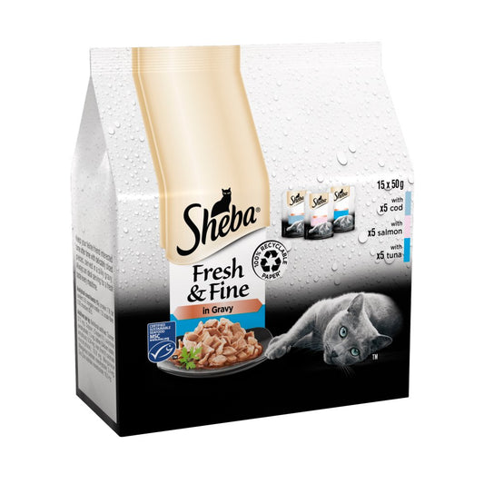 Sheba Fresh & Fine Cat Food Pouches Fish in Gravy 15 x 50g (Pack of 1) - Hungry Tails