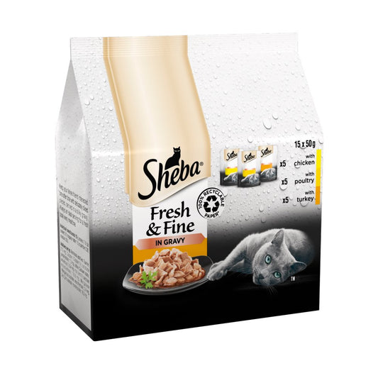 Sheba Fresh & Fine Cat Food Pouches Poultry in Gravy 15 x 50g (Pack of 3)