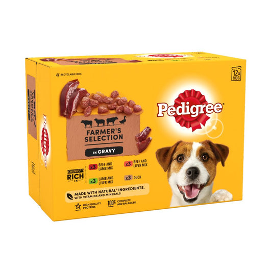 Pedigree Adult Dog Food Pouches Farmer's Selection Mixed in Gravy 12 x 100g (Pack of 4)