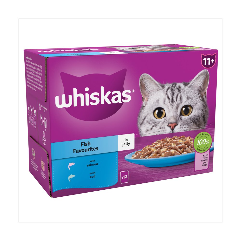 Whiskas 11+ Fish Favourites Senior Cat Food Pouches in Jelly 12 x 85g(Pack of 4)