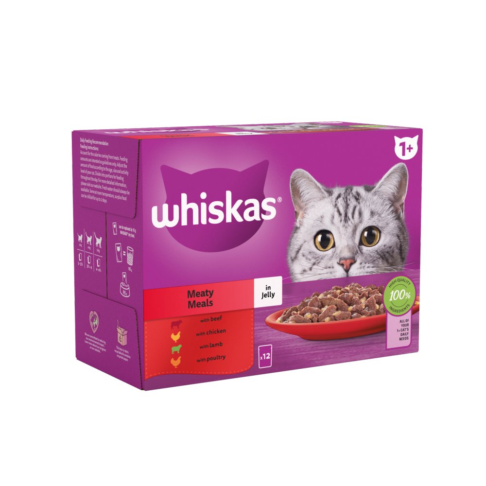 Whiskas 1+ Meaty Meals, Adult Cat Food Pouches in Jelly 12 x 85g (Pack of 4)