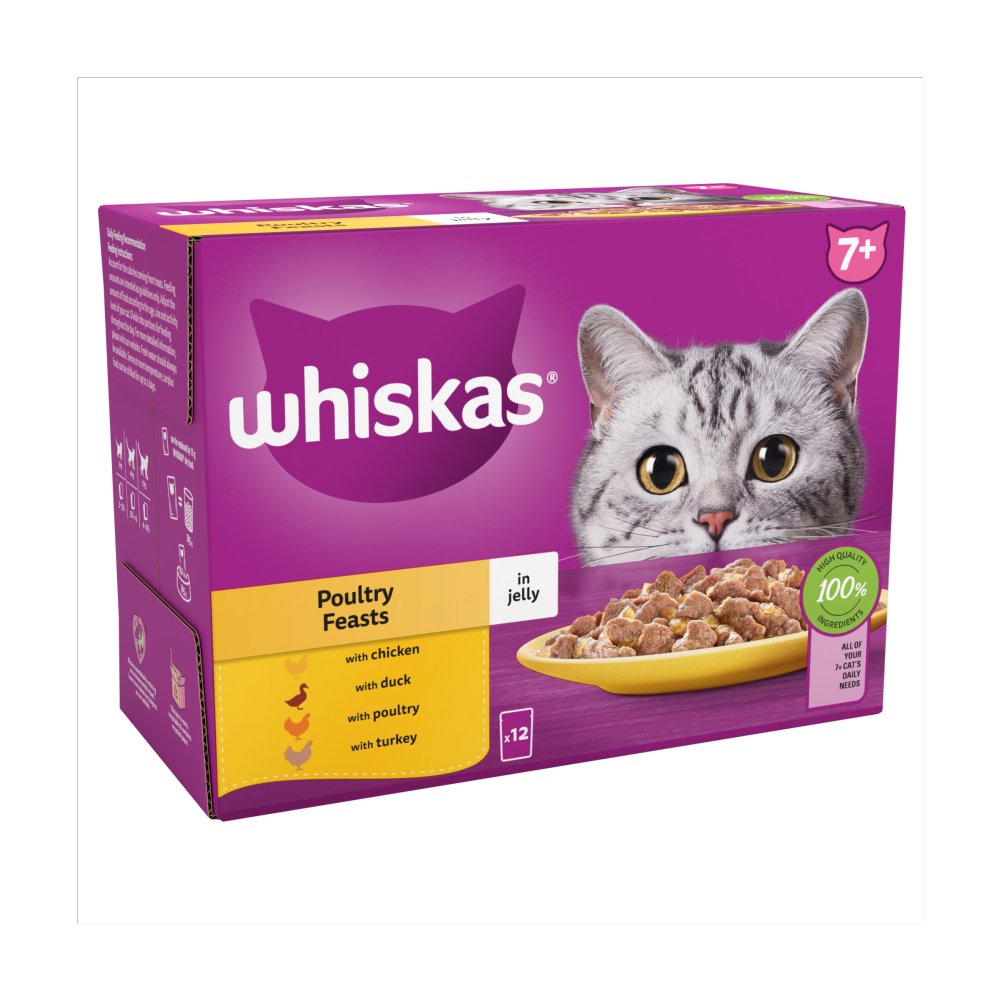 Whiskas 7+ Poultry Feasts Senior Cat Food Pouches in Jelly 12 x 85g (Pack of 4) - Hungry Tails