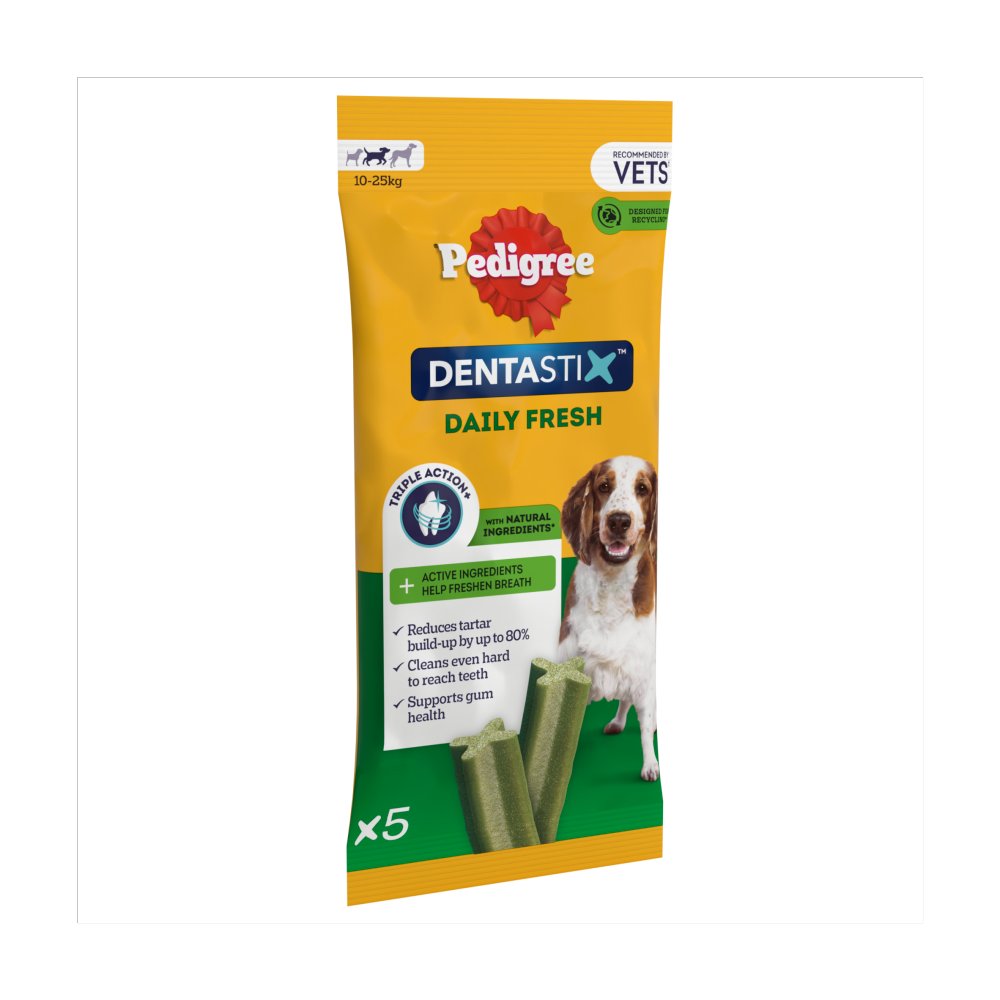 Pedigree Dentastix Fresh Daily Dental Chews Medium Dog Treat 5 Sticks 128g (Pack of 14)