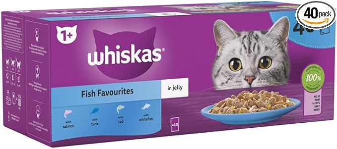 Whiskas 1+ Fish Favourites, Adult Cat Food Pouches in Jelly 12 x 85g (Pack of 1)