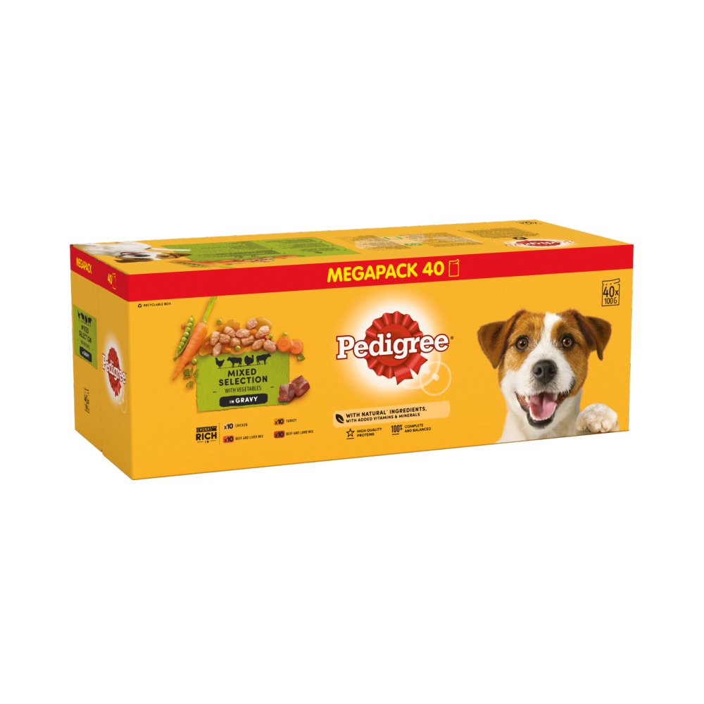 Pedigree Adult Wet Dog Food Pouches Mixed Selection with Vegetables in Gravy Mega Pack 40 x 100g (Pack of 1)