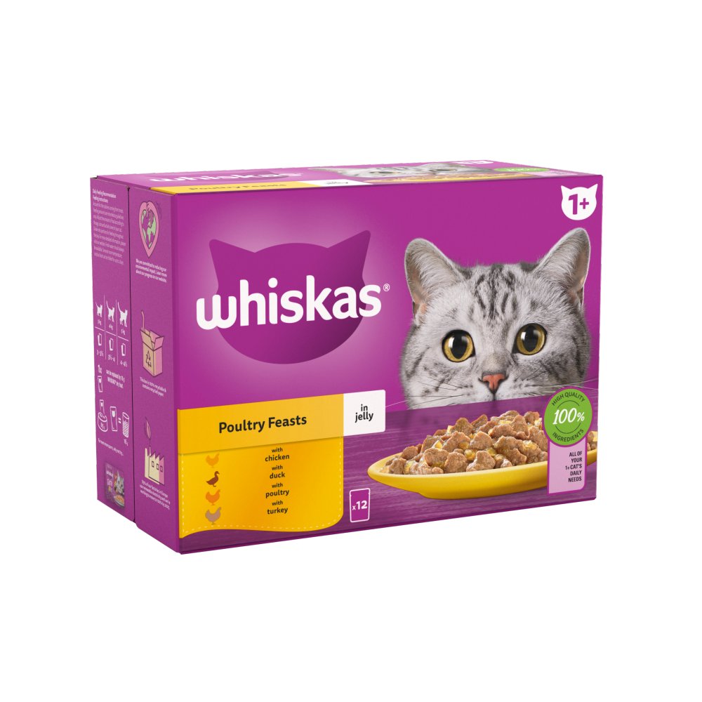 Whiskas 1+ Poultry Feasts, Adult Cat Food Pouches in Jelly 12 x 85g (Pack of 1)