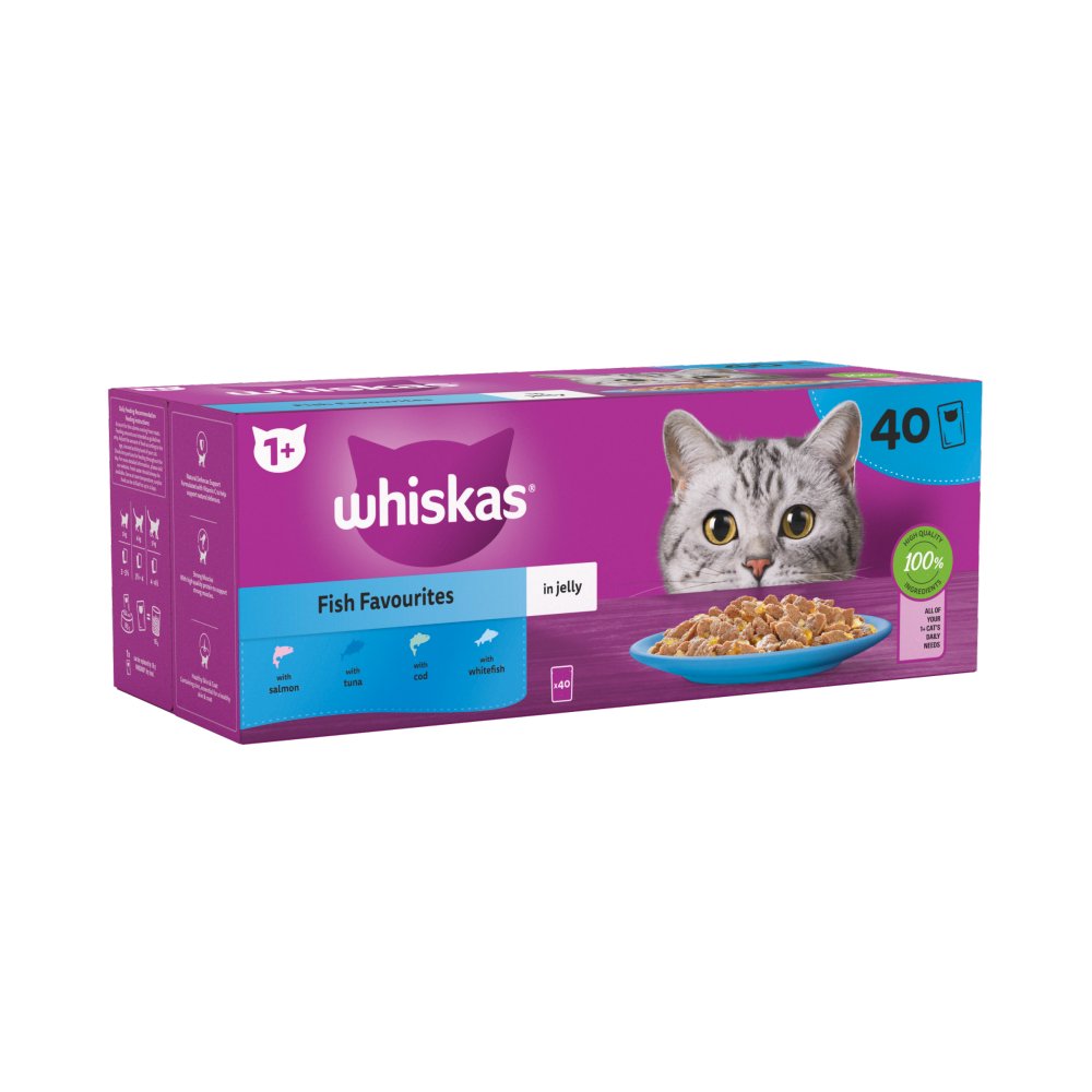 Whiskas 1+ Fish Favourites, Adult Cat Food Pouches in Jelly 40 x 85g (Pack of 1)