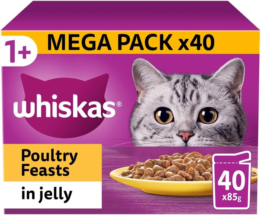 Whiskas 1+ Poultry Feasts, Adult Cat Food Pouches in Jelly 12 x 85g (Pack of 4)