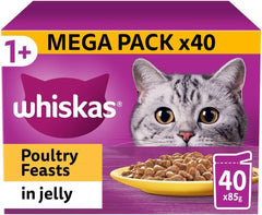 Whiskas 1+ Poultry Feasts, Adult Cat Food Pouches in Jelly 12 x 85g (Pack of 4)