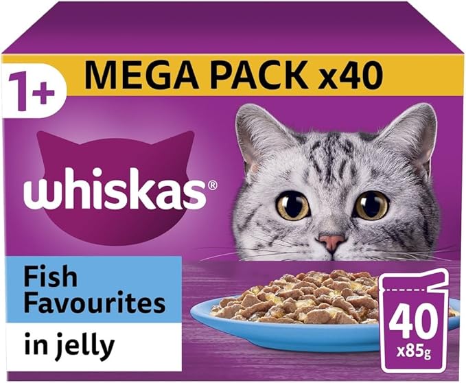 Whiskas 1+ Fish Favourites, Adult Cat Food Pouches in Jelly 12 x 85g (Pack of 1)