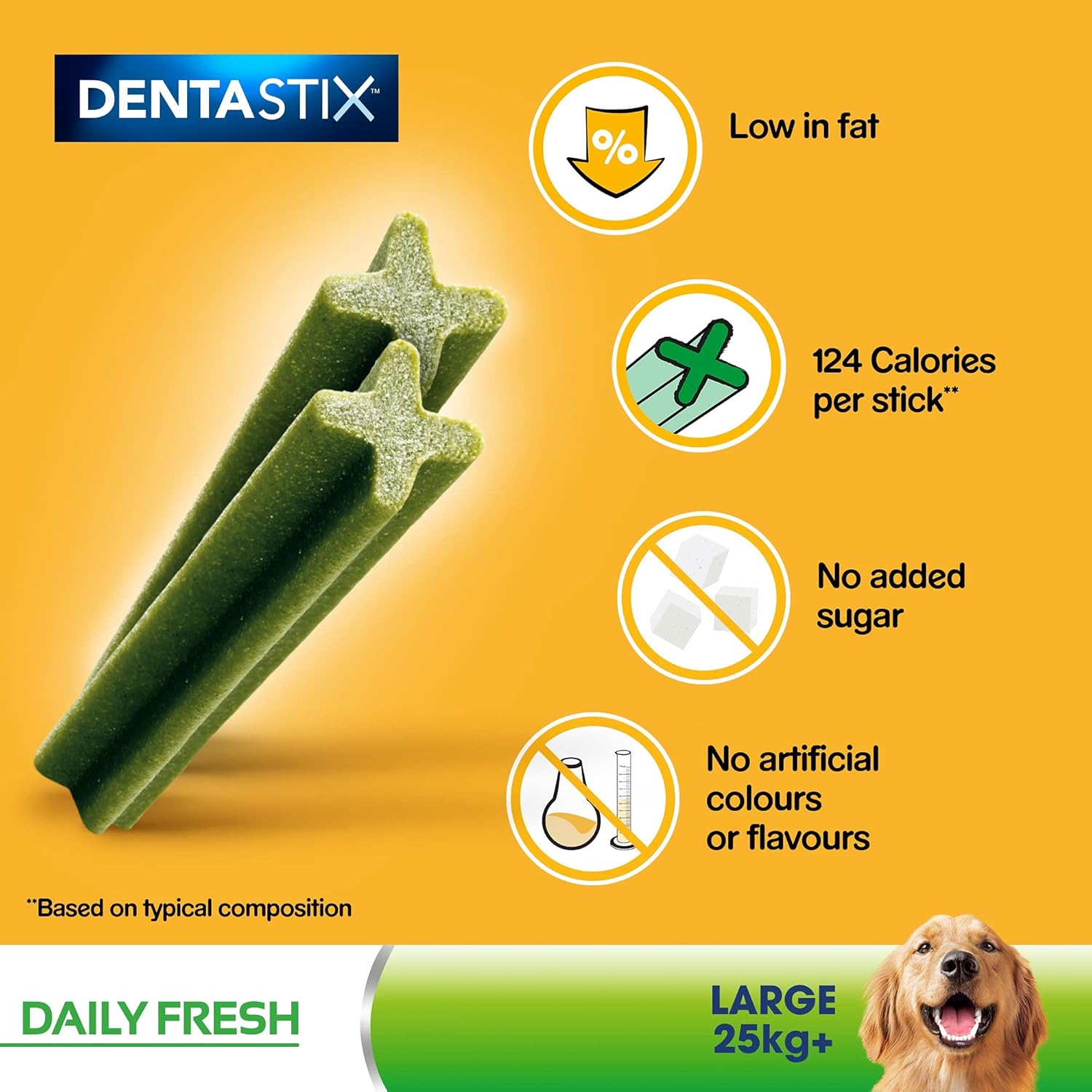 Pedigree Dentastix Fresh Daily Dental Chews Large Dog Treat 4 Sticks 154g (Pack of 14)