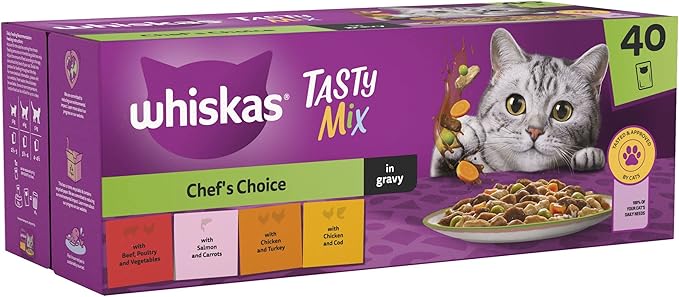 Whiskas 1+ Tasty Mix Adult Cat Food Pouches in Gravy 12 x 85g (Pack of 4) - Hungry Tails