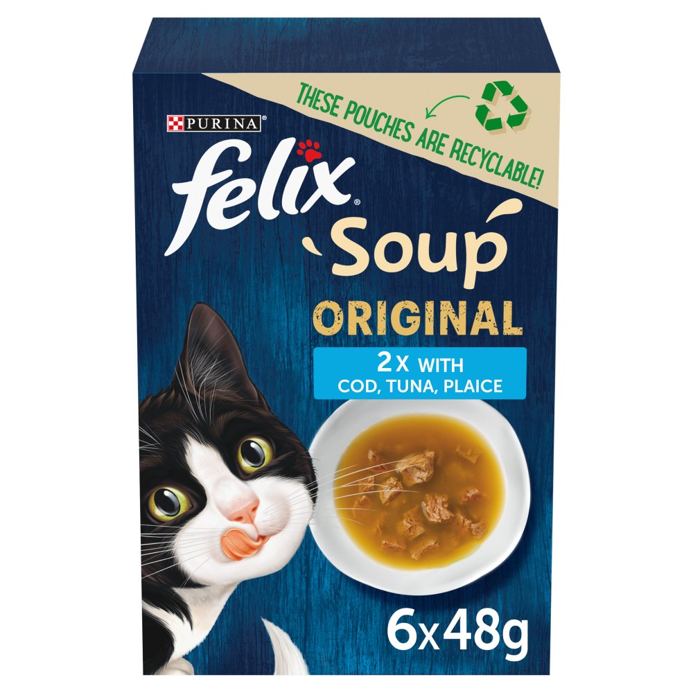 FELIX Soup Fish Selection Plaice, Tuna and Cod Wet Cat Food 6x48g (Pack of 1)